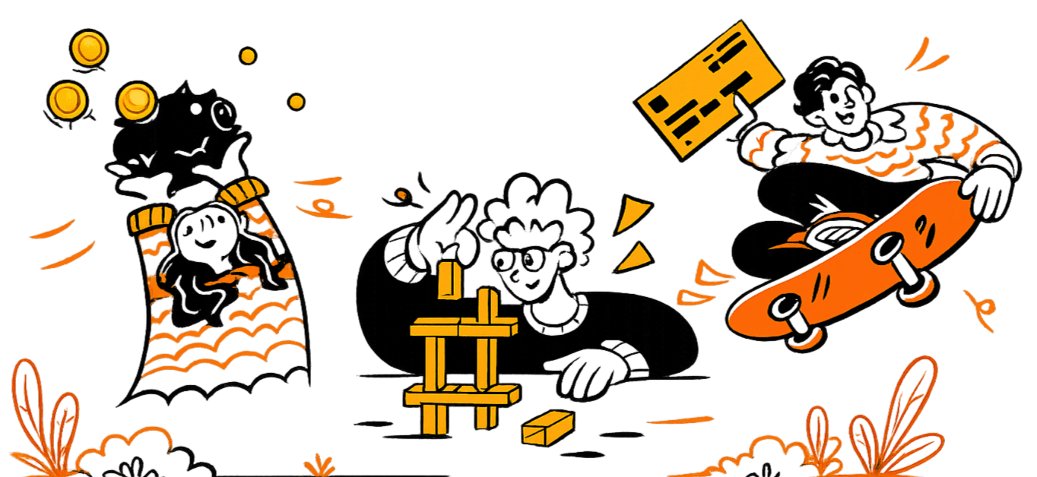 illustrated people riding a flying carpet, stacking blocks and skateboarding together